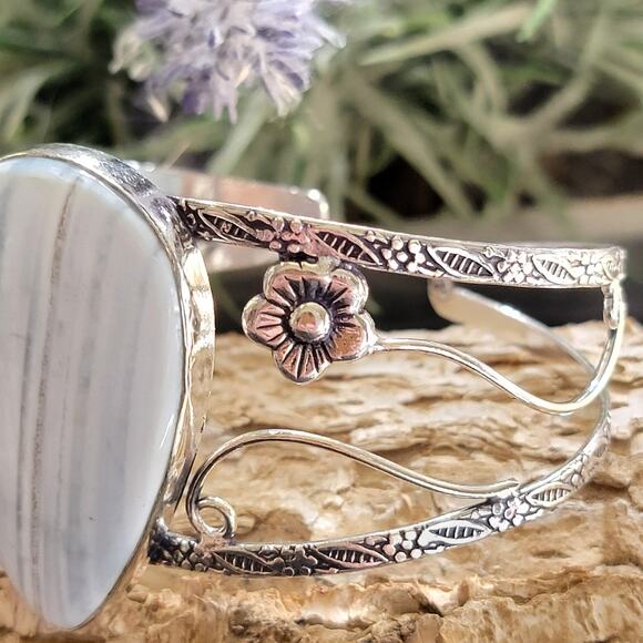 Wide Sterling Silver Cuff, Ocean Whisper Blue Agate Cuff Bracelet - Picture 4 of 10